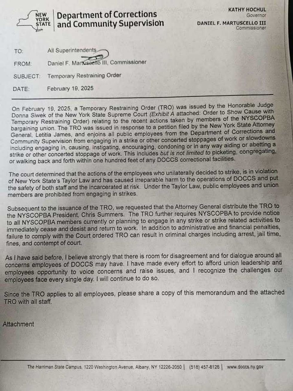 DOCCS Memo re: Temporary Restaining Order Filed