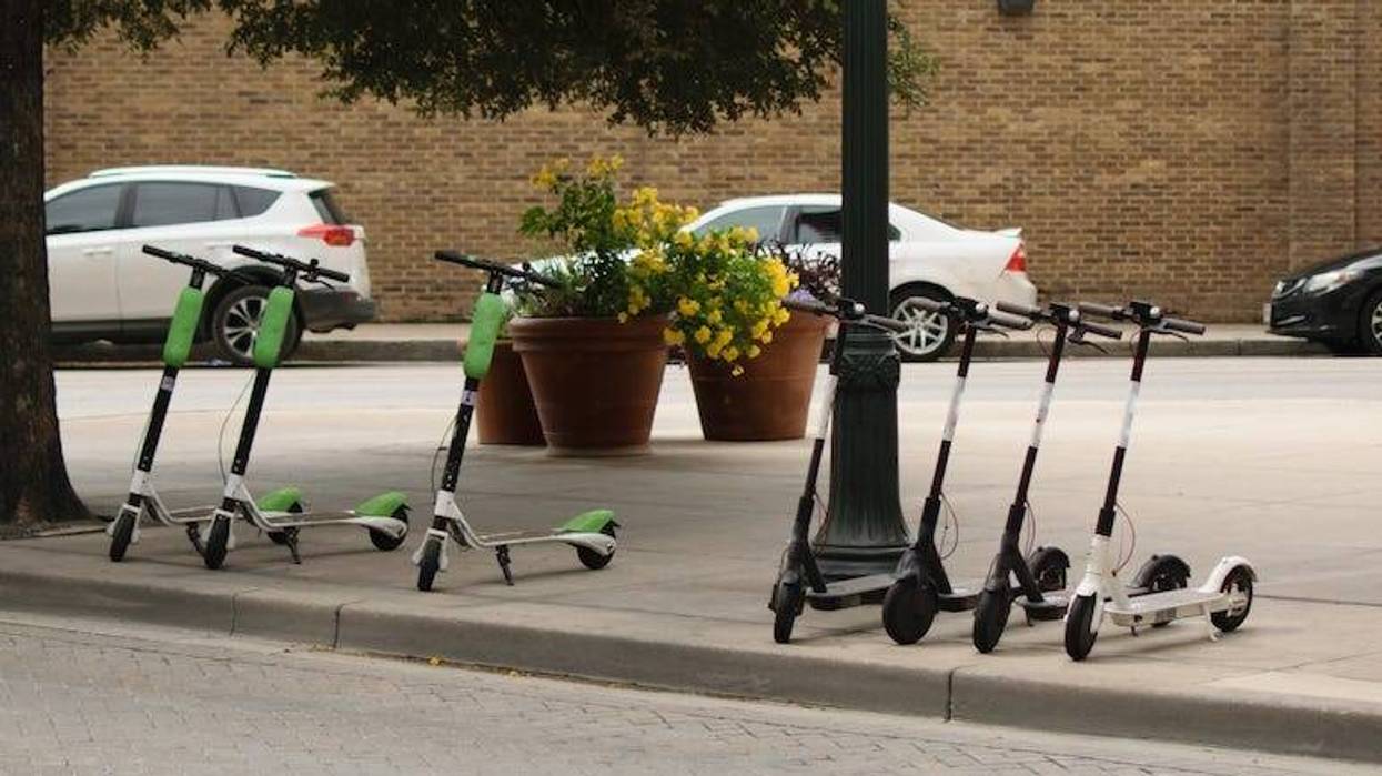 Dockless, Electronic Scooters, Parked, Street, Downtown