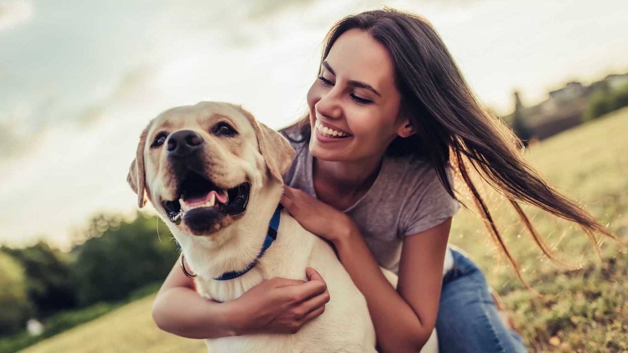 dog and owner in a field