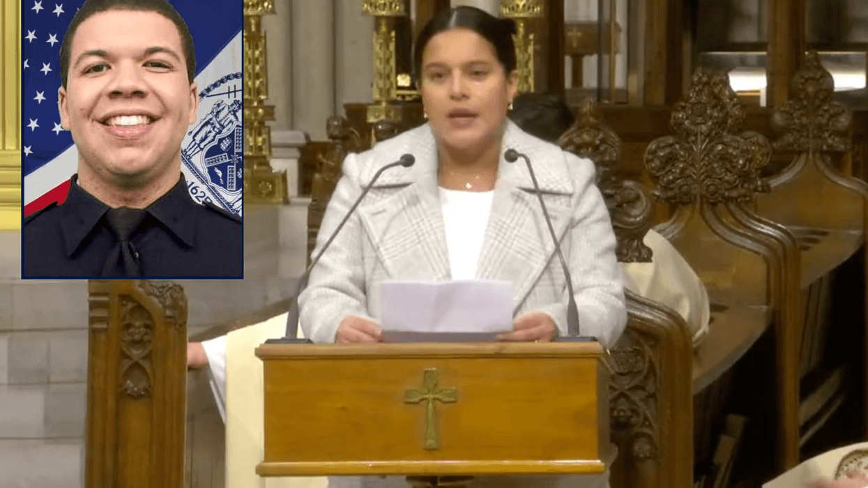 Dominique Rivera, the wife of slain NYPD Officer Jason Rivera, addresses a memorial Mass at St. Patrick’s Cathedral on Jan. 21, 2023
