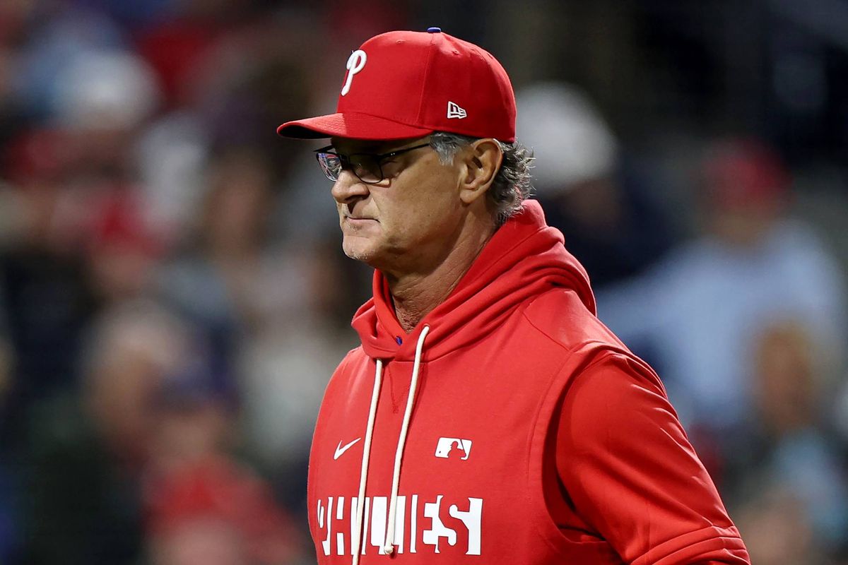 Don Mattingly, interim manager for the Philadelphia Phillies, walks off the field in the eighth inning during a game against the San Francisco Giants at Citizens Bank Park on April 28, 2026.