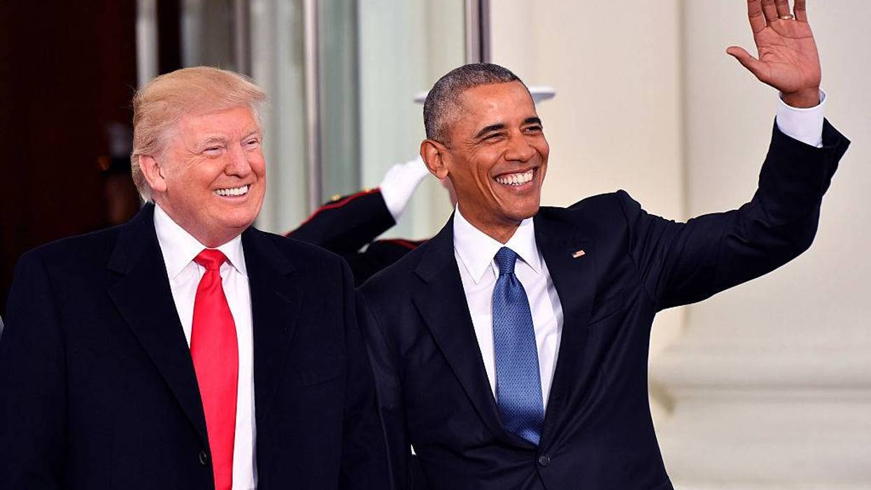 Donald Trump and Barack Obama smiling broadly, Obama waving.