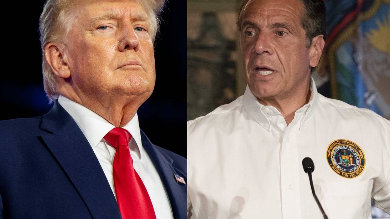 Donald Trump (at the Conservative Political Action Conference CPAC held at the Hilton Anatole on August 06, 2022 in Dallas, Texas) and Andrew Cuomo (at a a news conference at Grand Central Terminal on Thursday, May 27, 2021).