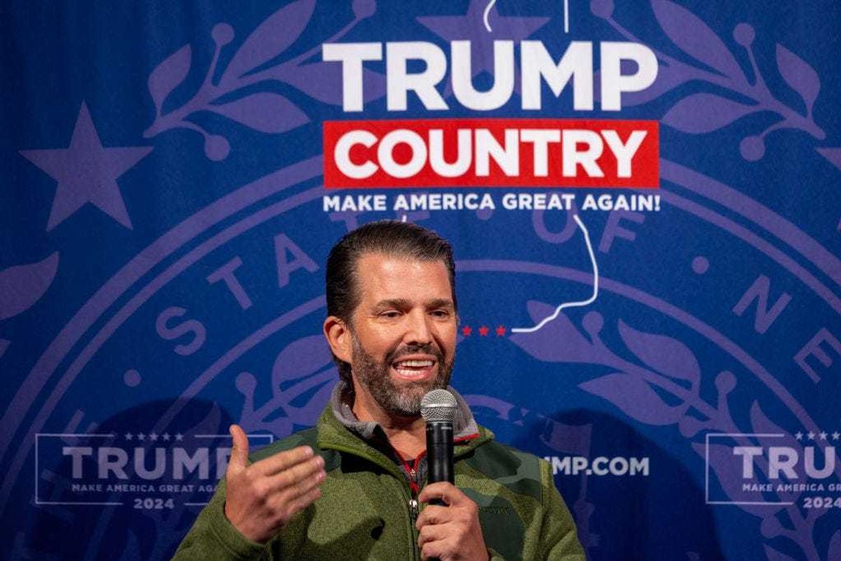 Donald Trump Jr. speaks to supporters at a rally for his father, Republican Presidential candidate, former U.S. President Donald Trump on January 22, 2024 in Hollis, New Hampshire. Residents go to the polls on January 23rd for the New Hampshire Primary.