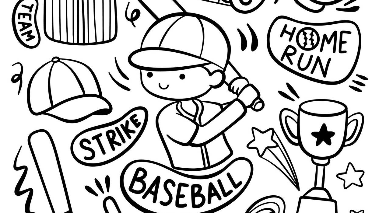Doodle Style Cartoon Baseball Player and Equipment