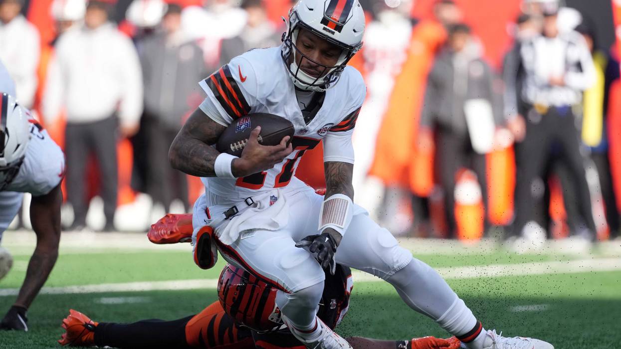 Dorian Thompson-Robinson #17 of the Cleveland Browns is sacked by Mike Hilton #21 of the Cincinnati Bengals during the first quarter at Paycor Stadium on December 22, 2024 in Cincinnati, Ohio.