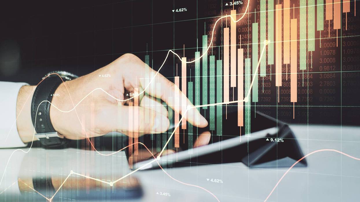 Double exposure of abstract creative financial diagram with finger clicks on a digital tablet on background, banking and accounting concept
