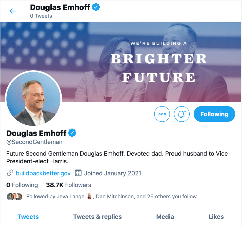 Douglas Emhoff, the incoming Second Gentleman of the United States, on Twitter as @SecondGentleman.