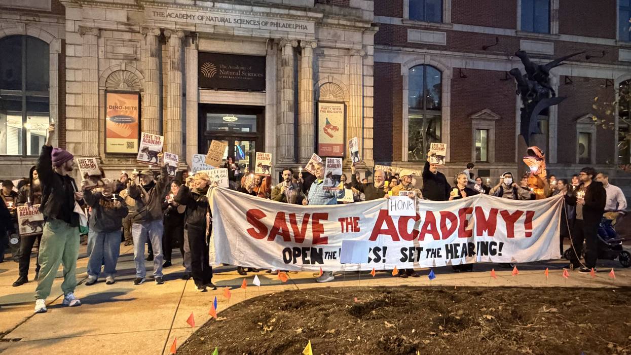 Dozens gathered outside the Academy of Natural Sciences on Tuesday, Oct. 26, 2026.