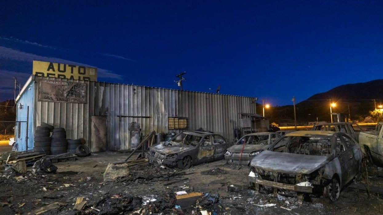 Dozens of burned up cars that were destroyed by the Post Fire at an auto repair business are seen on June 17, 2024 in Gorman, California.