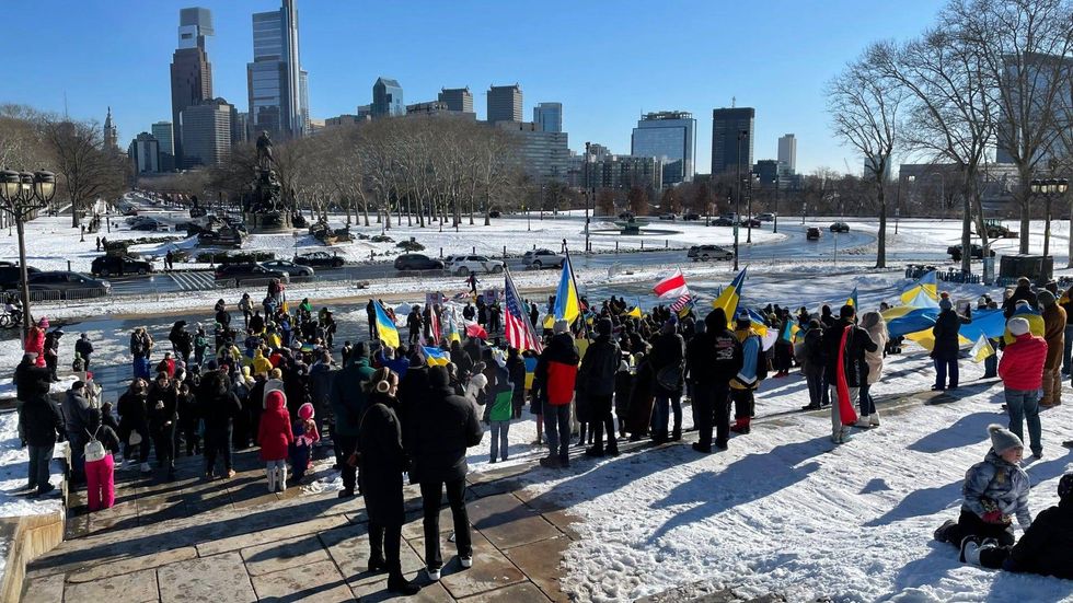 Dozens of people crowded the Philadelphia Museum of Art