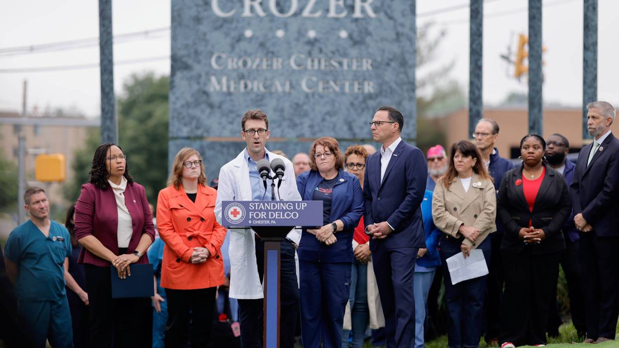 Dr. Max Cooper, a Crozer ER doctor, speaks at Gov. Josh Shapiro's press conference