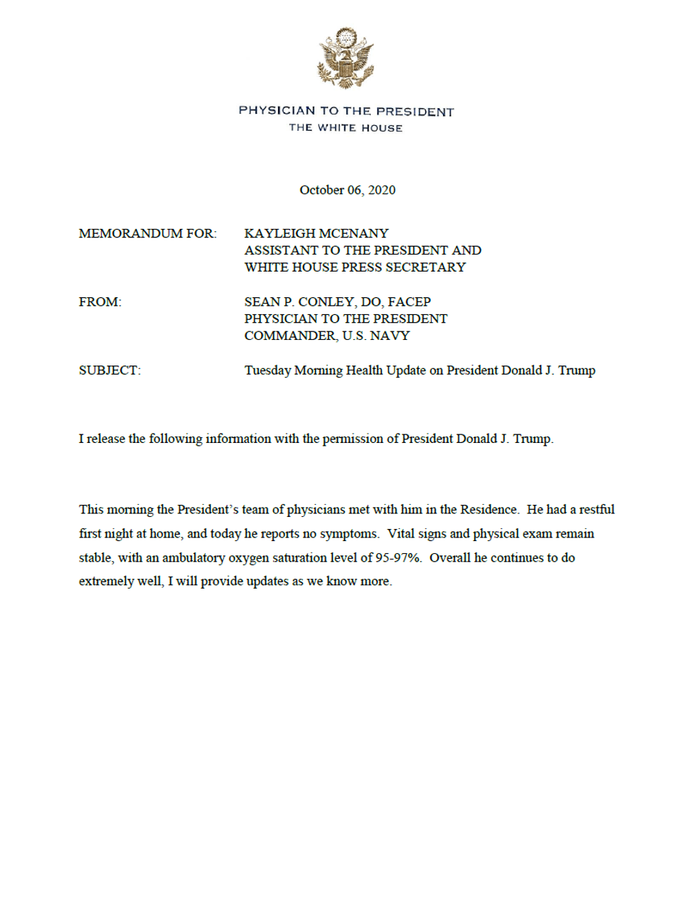 Dr. Sean Conley memo