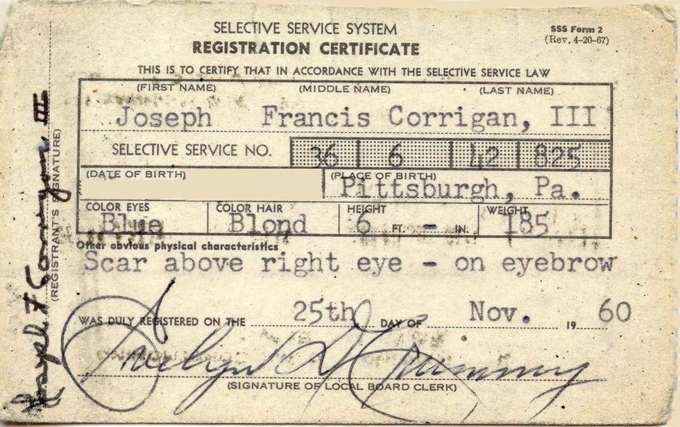Draft card. Courtesy of Joseph Corrigan, C Troop, 2nd Squadron, 1st Cavalry Regiment, 4th Infantry Division, Dak To, Vietnam 1967\u201368