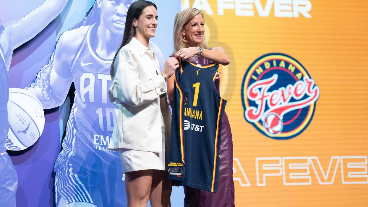 Draftee Caitlin Clark poses for a photo with Cathy Engelbert during the 2024 WNBA Draft on April 14, 2024, at the Brooklyn Academy of Music in Brooklyn, New York.