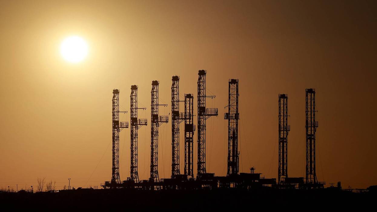 Drilling rigs sit unused on a company's lot located in the Permian Basin area on March 13, 2022, in Odessa, Texas.