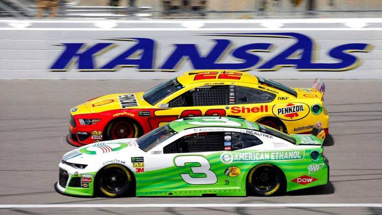 Drivers Joey Logano (22) and Austin Dillon (3) practice for the NASCAR Cup Series auto race at Kansas Speedway in Kansas City, Kan., Friday, May 10, 2019.