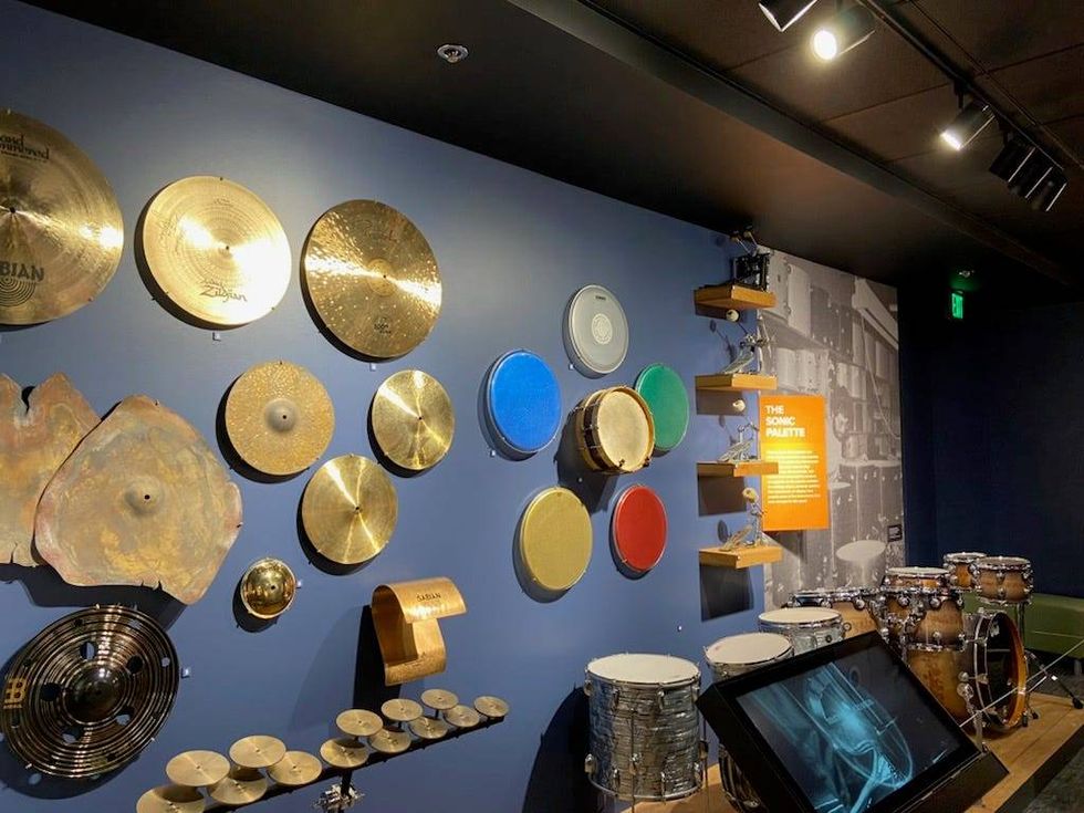 Drum heads on display inside NAMM