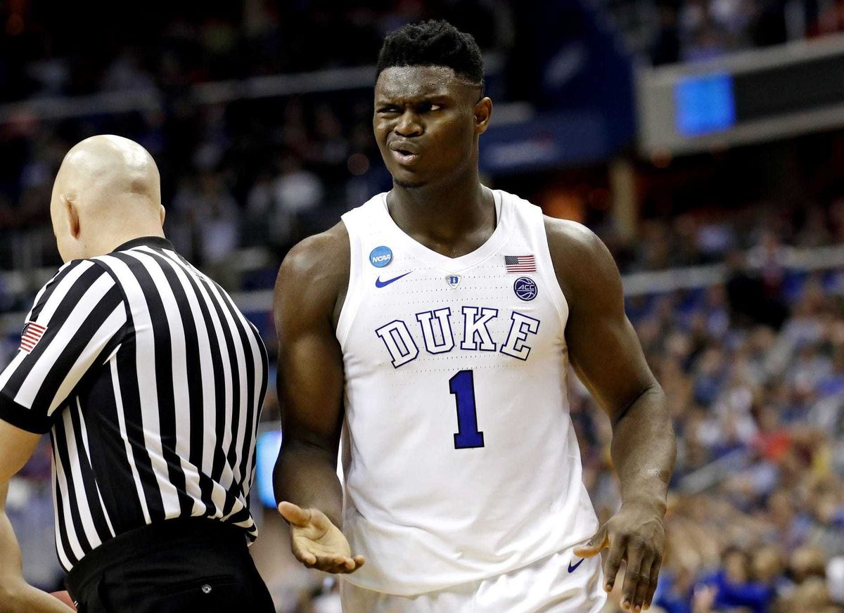 Duke Blue Devils forward Zion Williamson (1) reacts to a play during the second half against the Virginia Tech Hokies in the semifinals of the east regional of the 2019 NCAA Tournament at Capital One Arena.