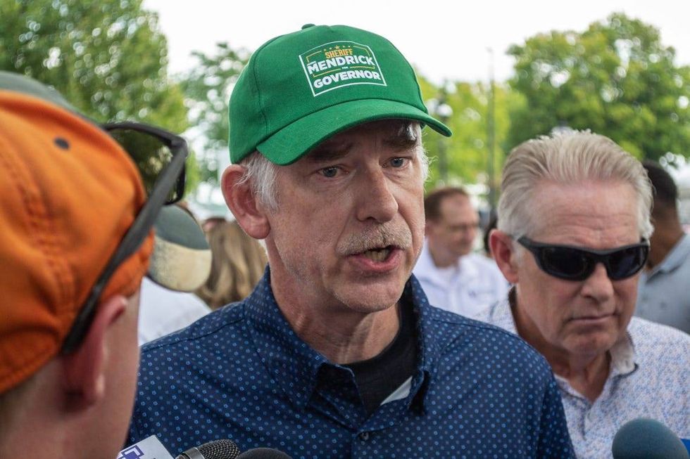 DuPage County Sheriff James Mendrick talks to reporters at the Illinois State Fair. He is running for governor in 2026.