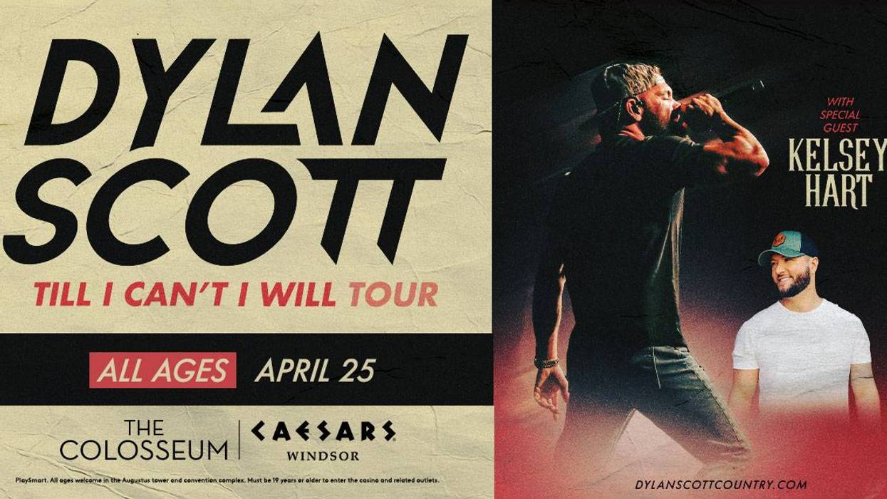 Dylan Scott "Till I Can't I Will Tour" poster: Scott singing, Kelsey Hart, April 25, Caesars Windsor.