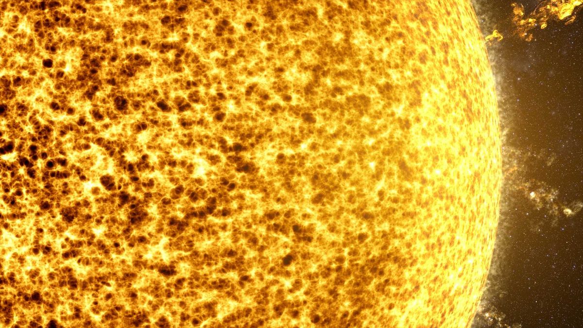 Dynamic motion graphics showcasing the intense energy of a Sun Solar Flare as it releases a breathtaking torrent of cascade corona particles into the cosmic expanse