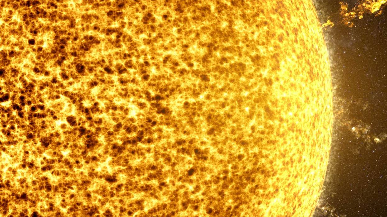 Dynamic motion graphics showcasing the intense energy of a Sun Solar Flare as it releases a breathtaking torrent of cascade corona particles into the cosmic expanse
