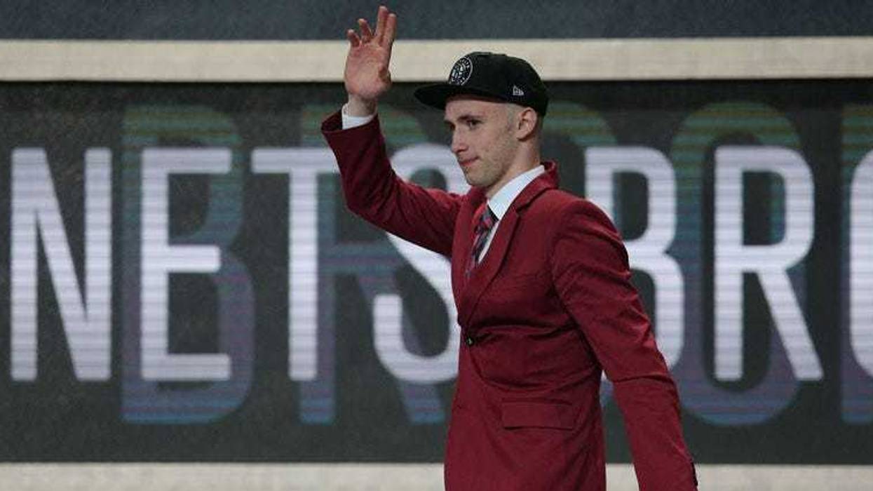 Dzanan Musa reacts after being selected as the No. 29 overall pick to the Brooklyn Nets at the NBA Draft on June 21, 2018, at the Barclays Center.