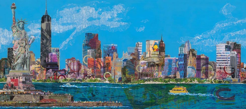 Each Kristi Abbott print comes with a map indicating where to find all of her hidden treasures. There are 128 in this collage of the New York City skyline.