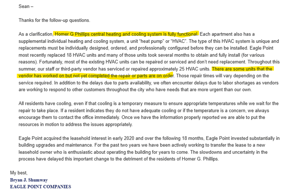 Eagle Point claiming the HVAC system is fully functional while also admitting some units are still in need of repair