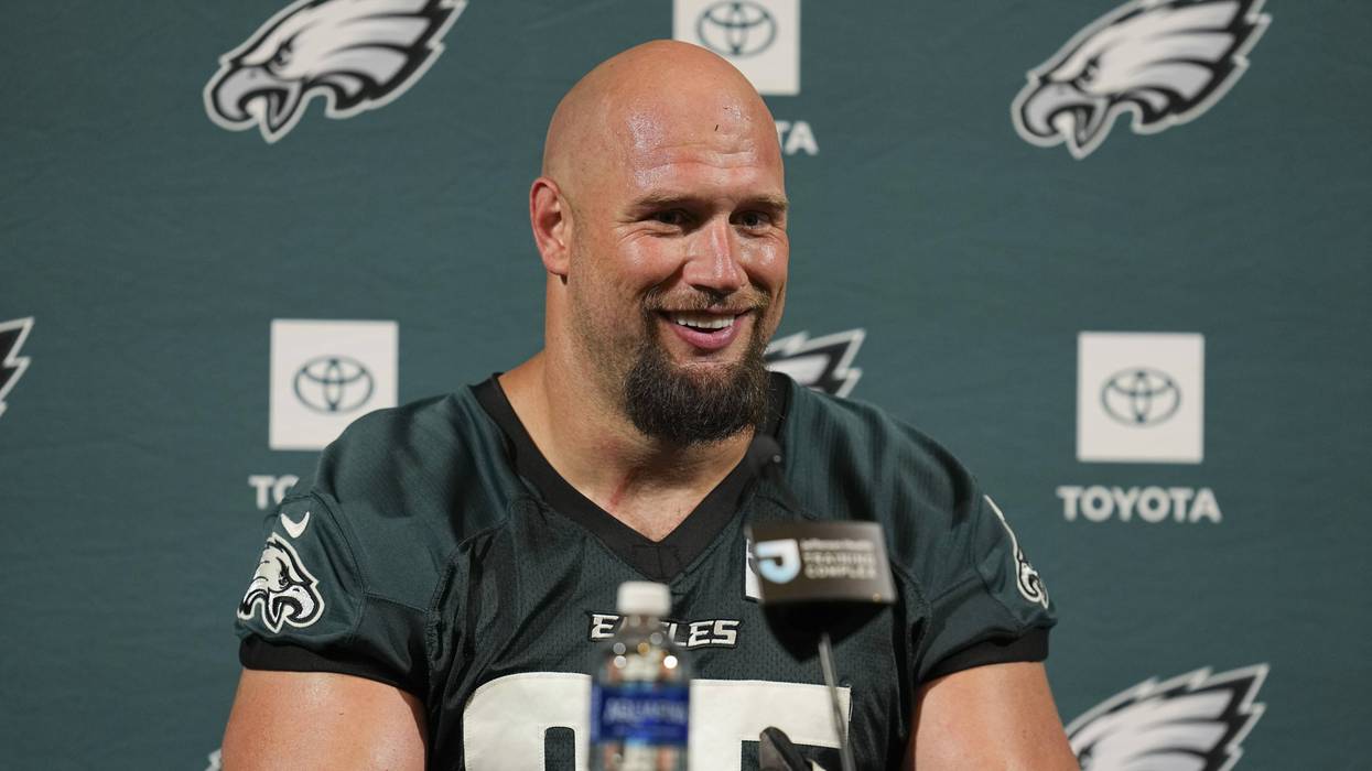 Eagles offensive tackle Lane Johnson talks to the media during mandatory minicamp at Jefferson Health Training Complex on June 9, 2026.