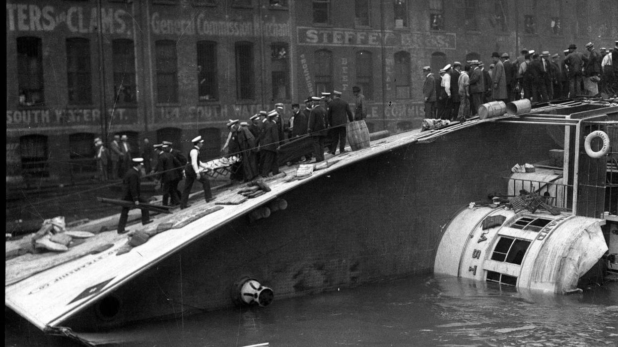 Eastland on its side in Chicago River