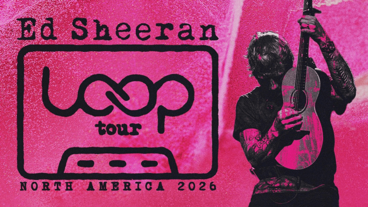 Ed Sheeran LOOP tour North America 2026. Pink graphic featuring Ed Sheeran with a guitar.