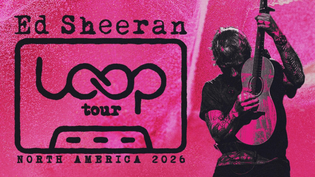 Ed Sheeran's LOOP tour North America 2026. Hot pink image of Ed Sheeran holding a guitar.