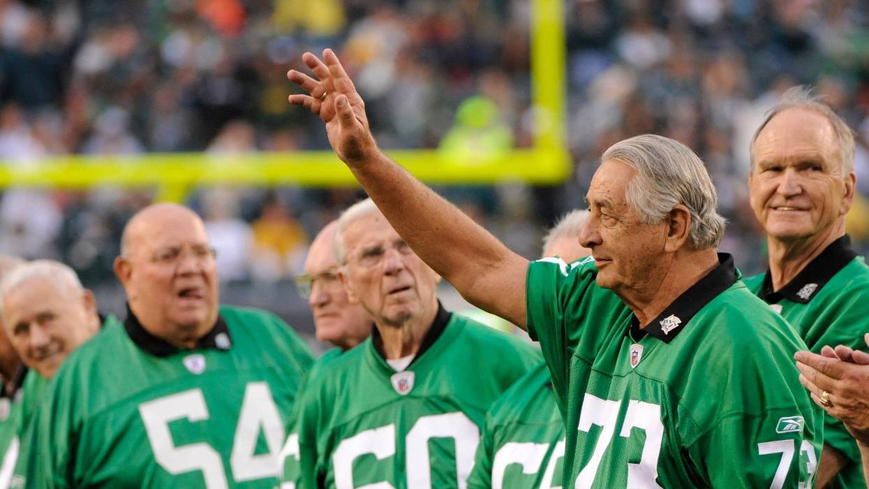 Eddie Khayat (73) is introduced at a ceremony honoring the 1960 NFL championship team at halftime of the game between the Philadelphia Eagles and the Green Bay Packers at Lincoln Financial Field on Sept. 12, 2010, in Philadelphia. The Packers defeated the Eagles 27-20.