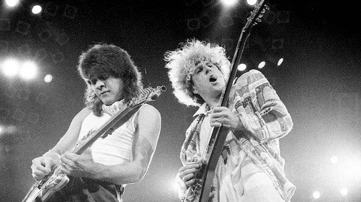 Eddie Van Halen and Sammy Hagar of Van Halen performing for 9,000 fans at sold-out Municipal Auditorium April 20, 1986