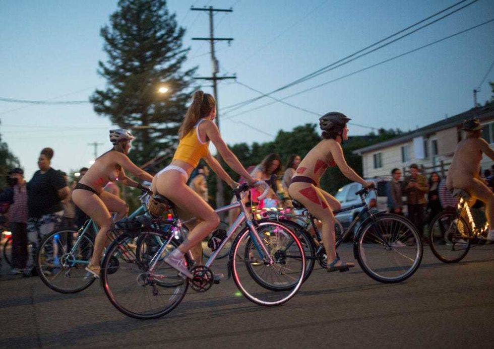 (EDITORS NOTE: Image contains nudity.) Cyclists take part in the annual "World Naked Bike Ride" on June 23, 2018 in Portland, Oregon. Thousands of people took part in the event meant to highlight positive body image and to encourage cycling as an oil-free means to transportation.