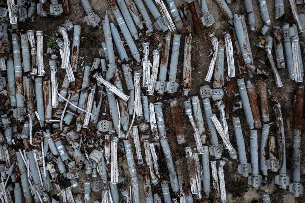 : (EDITORS NOTE: Image was taken with a drone) More than a thousand missiles and rockets fired by Russian forces and collected by the Kharkiv prosecutors office to be included in future war crimes investigations are seen at a cataloguing depot on December 18, 2022 in Kharkiv, Ukraine. Kharkiv, Ukraine's second city, was left without power for hours on Friday after the latest attack by Russia on the region's energy infrastructure. The city's mayor said it suffered "colossal" damage in the attack. (Photo by Chris McGrath/Getty Images)