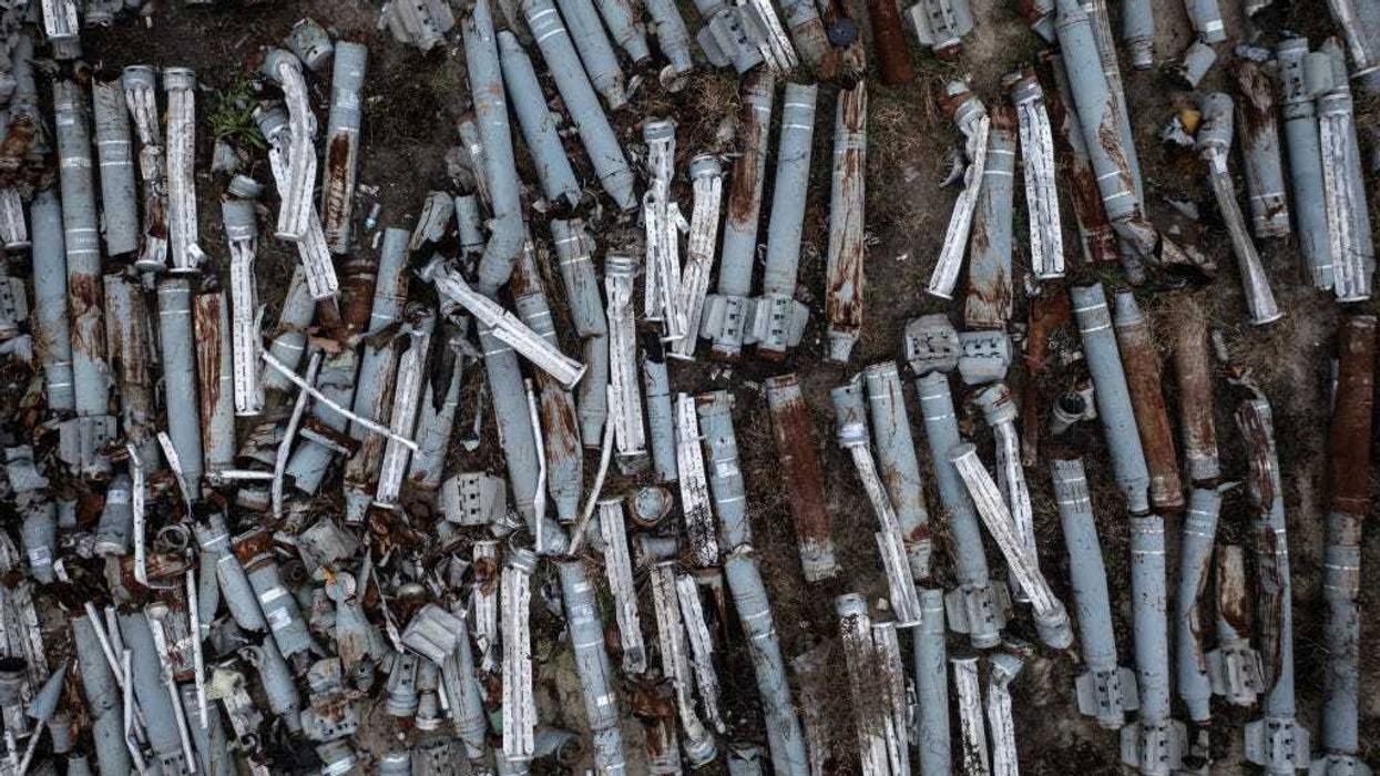 : (EDITORS NOTE: Image was taken with a drone) More than a thousand missiles and rockets fired by Russian forces and collected by the Kharkiv prosecutors office to be included in future war crimes investigations are seen at a cataloguing depot on December 18, 2022 in Kharkiv, Ukraine. Kharkiv, Ukraine's second city, was left without power for hours on Friday after the latest attack by Russia on the region's energy infrastructure. The city's mayor said it suffered "colossal" damage in the attack. (Photo by Chris McGrath/Getty Images)