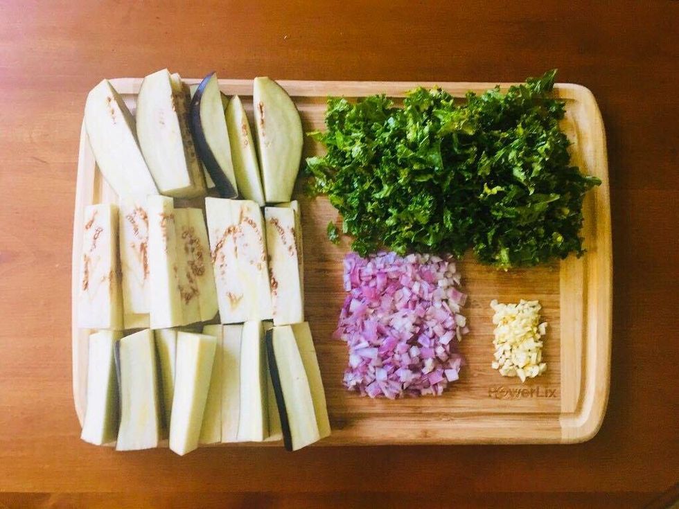 eggplant, kale, shallots, garlic
