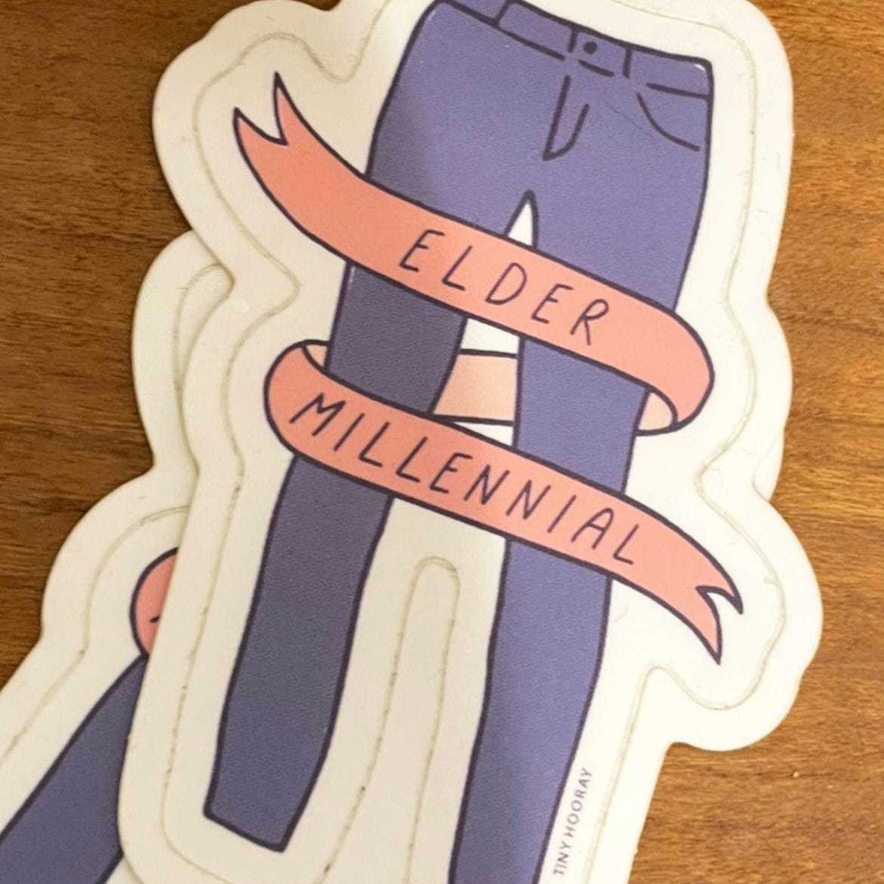 Elder millennial sticker with skinny jeans