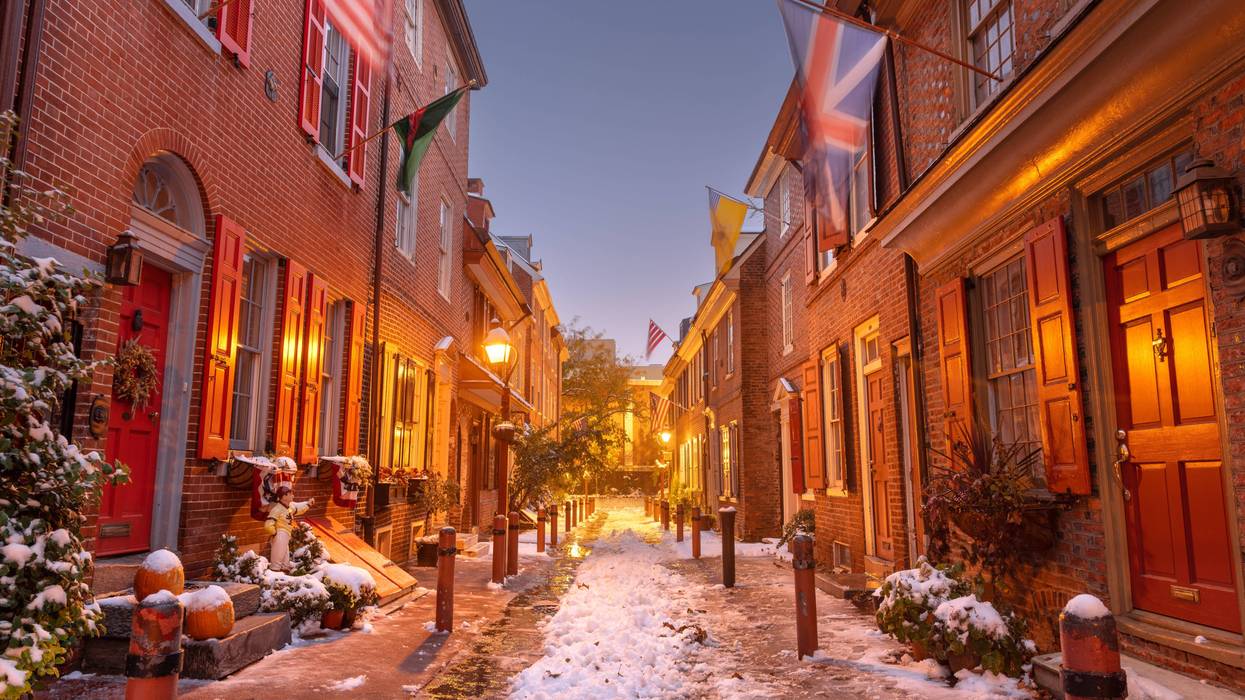 Elfreth's Alley in winter at twilight in Philadelphia, Pennsylvania.