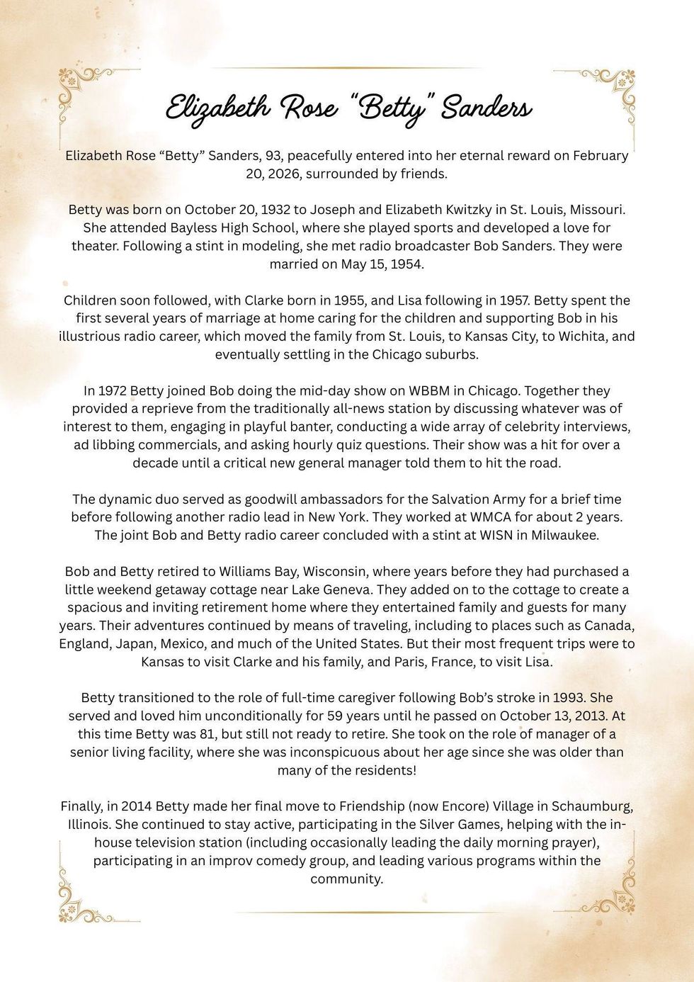 Elizabeth Rose "Betty" Sanders, a longtime Chicago radio personality who helped bring warmth and personality to midday programming on WBBM Newsradio, has died. She was 93.