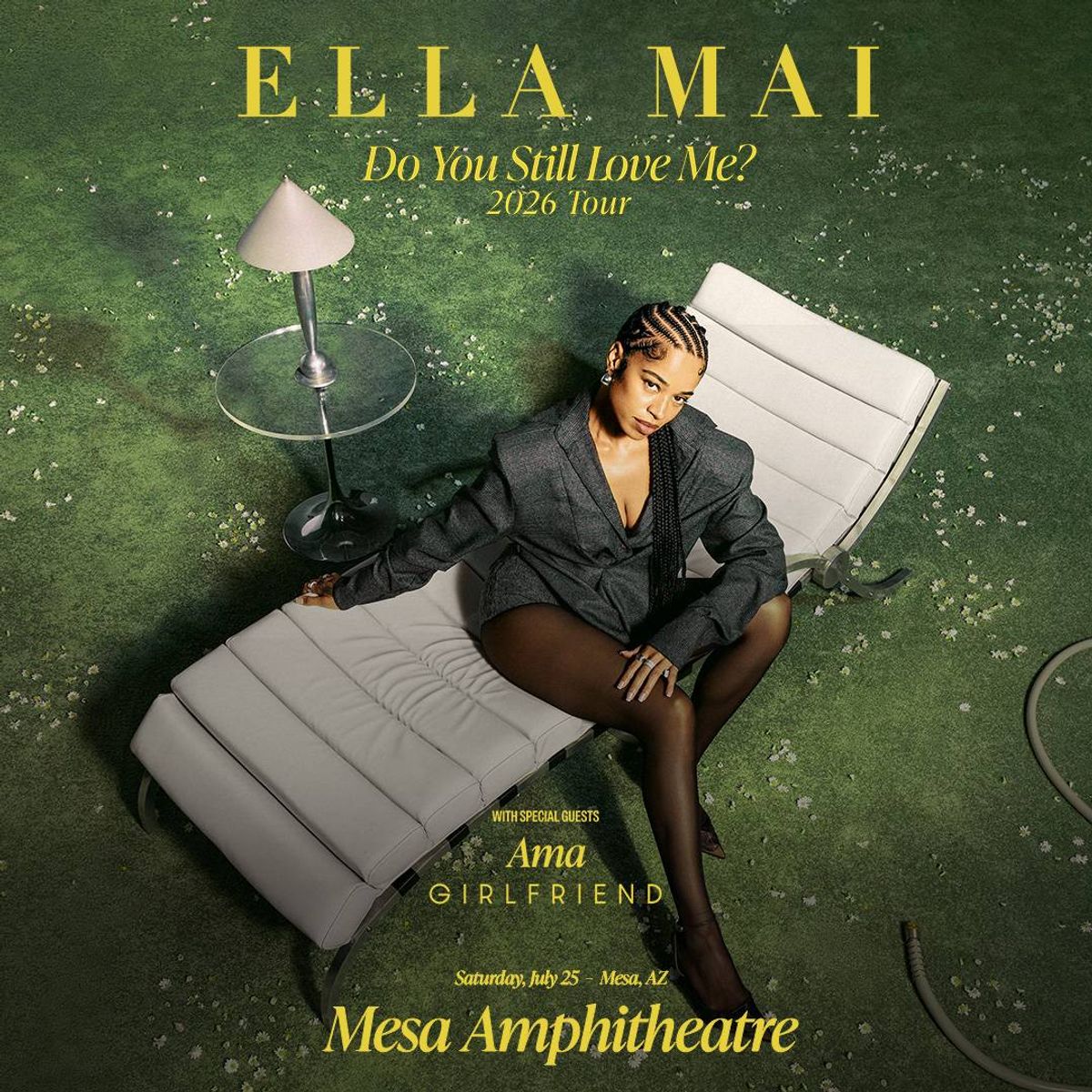 Ella Mai 'Do You Still Love Me? 2026 Tour' poster: artist in blazer on lounge chair.