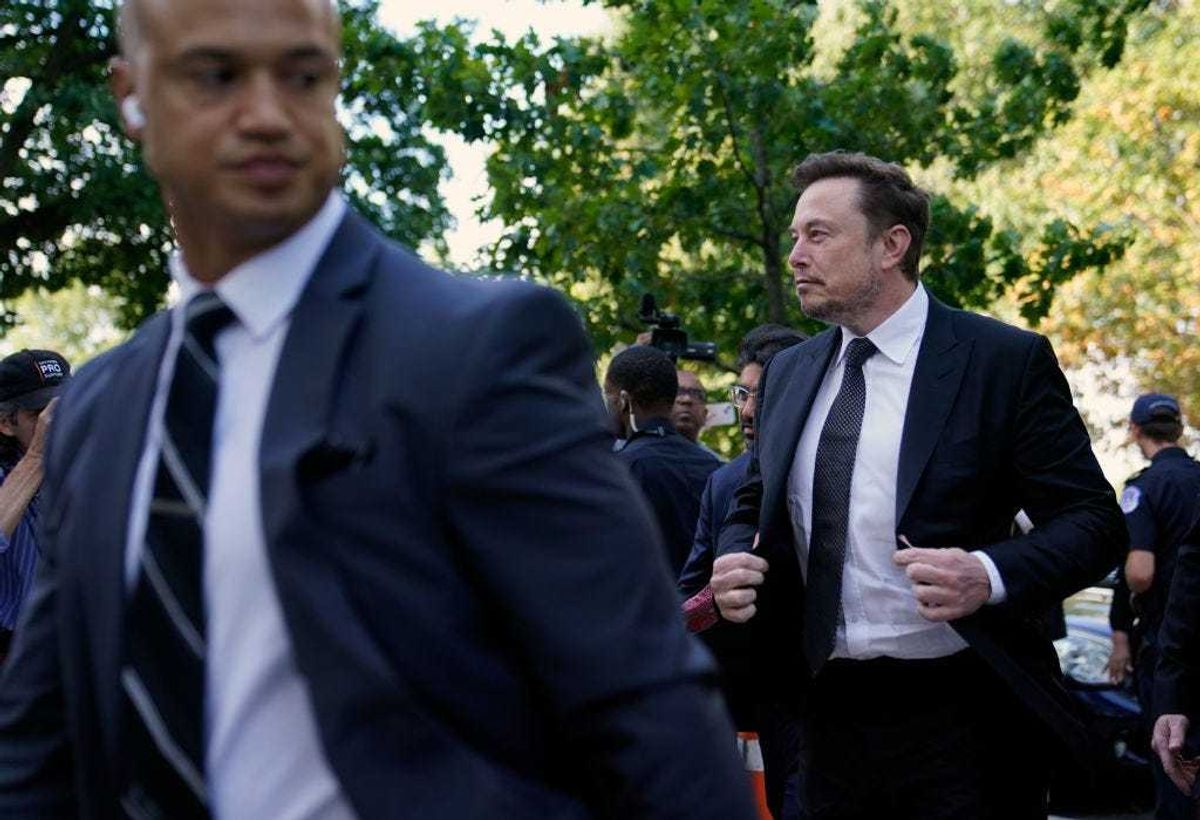 Elon Musk, CEO of Tesla and X, arrives for the “AI Insight Forum” at the Russell Senate Office Building on Capitol Hill on September 13, 2023 in Washington, DC.
