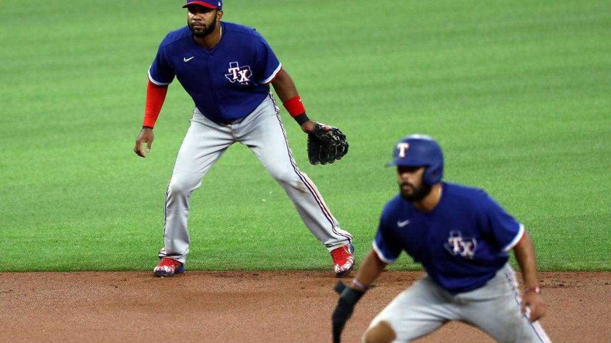 Elvis Andrus #1 of the Texas Rangers in a intrasquad game during Major League Baseball summer workouts at Globe Life Field on July 07, 2020 in Arlington, Texas