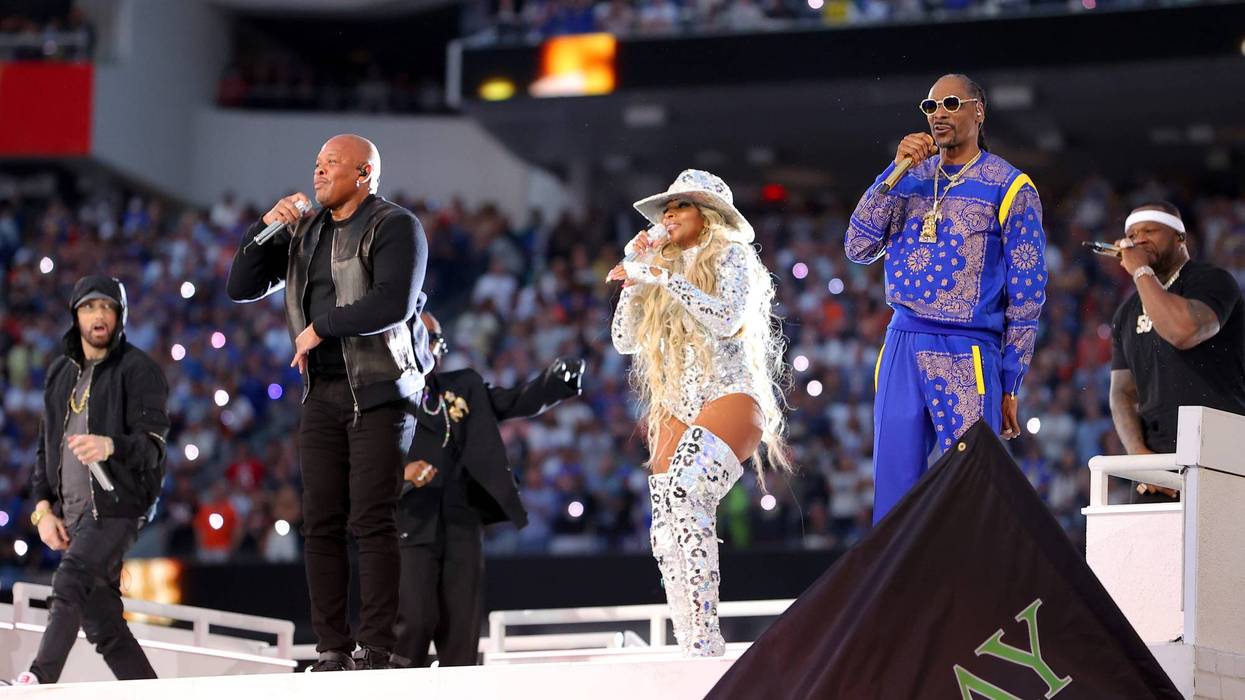Emenim, Dr. Dre, Mary J. Blige, and Snoop Dogg perform at the Super Bowl LVI Halftime Show