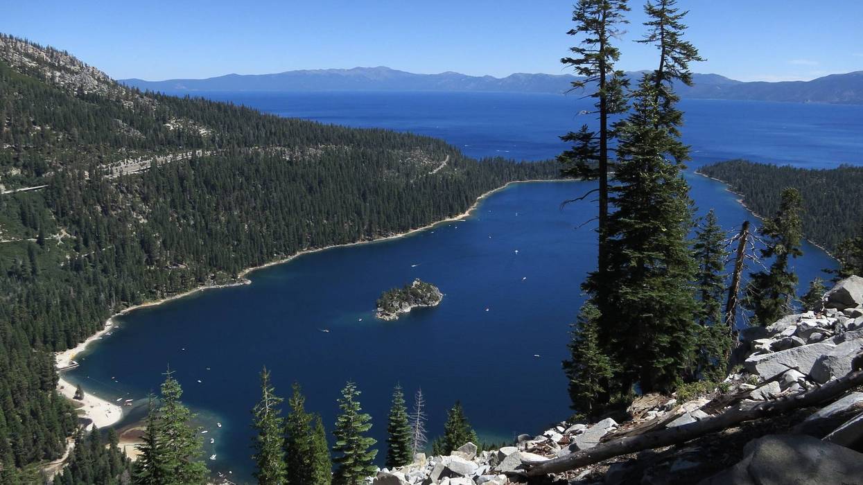 : Emerald Bay lies under blue skies at Lake Tahoe on July 23, 2014 near South Lake Tahoe, California.