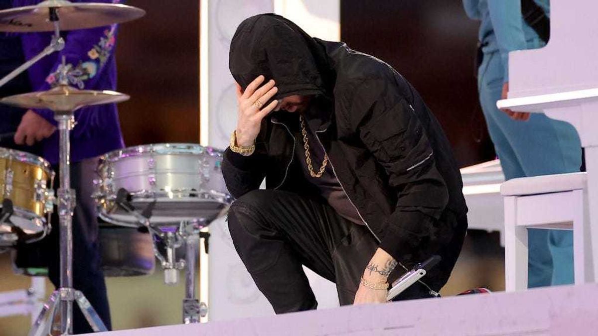 Eminem performs during the Pepsi Super Bowl LVI Halftime Show at SoFi Stadium on February 13, 2022 in Inglewood, California.