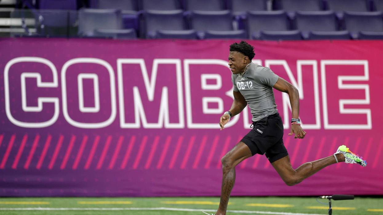 Emmanuel Forbes competes at the 2023 NFL Combine.